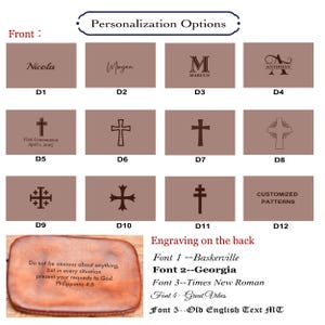 May include: A brown leather journal with a variety of personalization options. The front cover features a cross, a name, or a monogram. The back cover can be engraved with a quote. The journal is available in a variety of fonts.