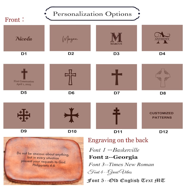 May include: A brown leather journal with a variety of personalization options. The front cover features a cross, a name, or a monogram. The back cover can be engraved with a quote. The journal is available in a variety of fonts.