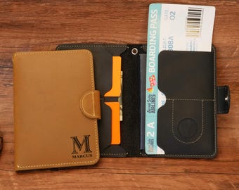 Personalized Leather Passport Holder, Custom Leather Travel Wallet,  AirTag Passport Case, Travel Document Organizer, Travel Gift for Dad