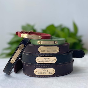 Personalized Leather Dog Collar - Leather Cat Collar - Engraved Pet Name Plate - Custom Leather Puppy Gift  - Metal Buckle Leash