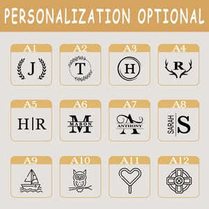 May include: Image featuring a selection of personalized design options. The designs include monograms with letters, laurel wreaths, and other decorative elements. The text "PERSONALIZATION OPTIONAL" is at the top.