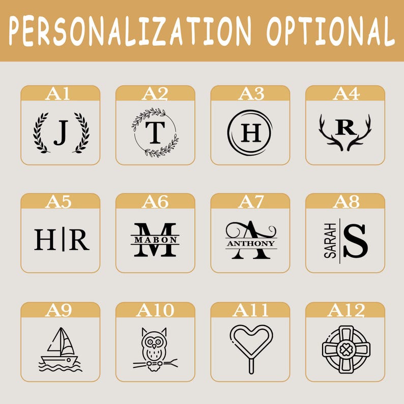 May include: Image featuring a selection of personalized design options. The designs include monograms with letters, laurel wreaths, and other decorative elements. The text "PERSONALIZATION OPTIONAL" is at the top.