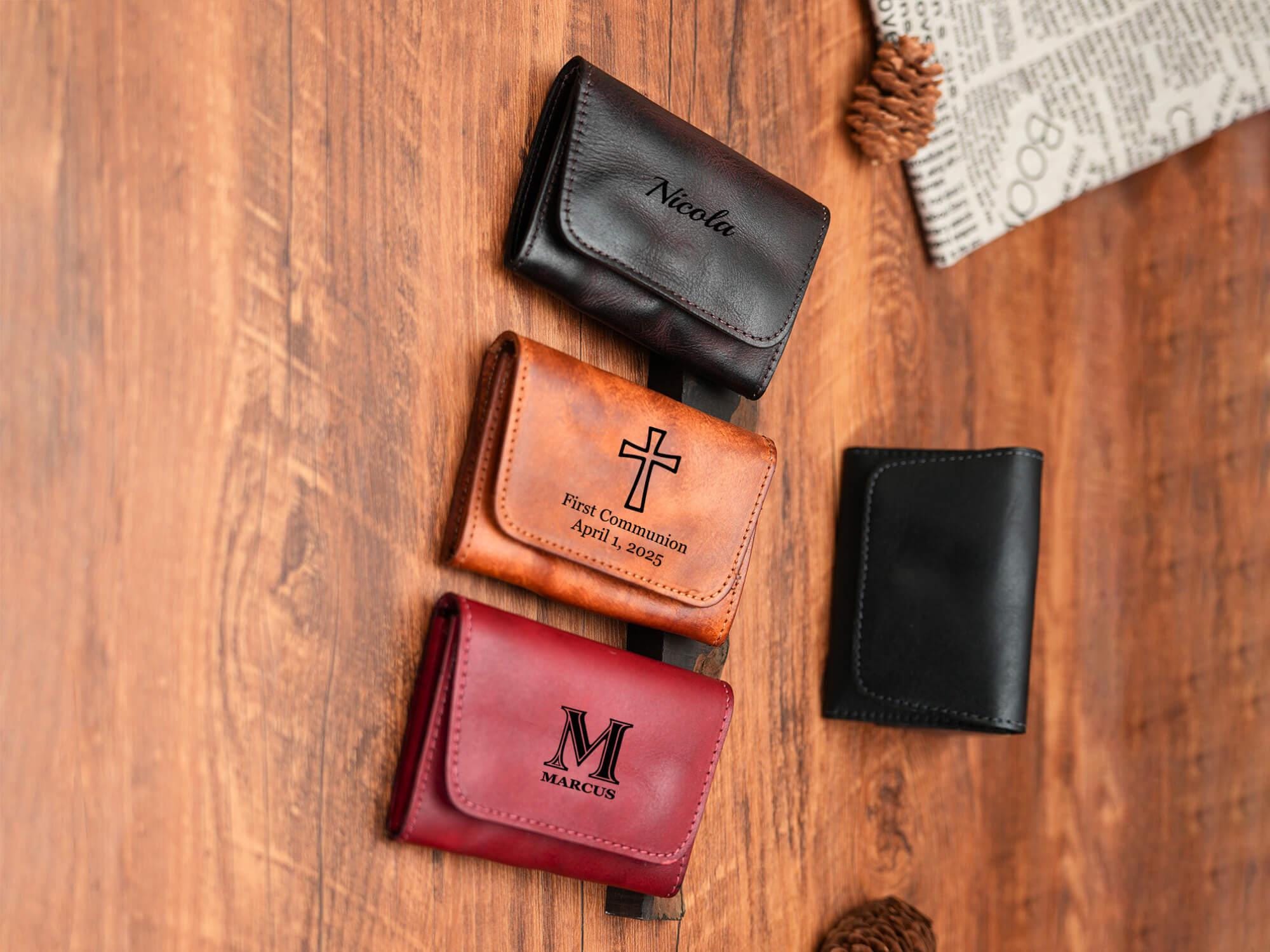 Personalized Leather Rosary Pouch & Coin Purse, Credit Card Holder, Cowhide Coin Purse, 1st Communion, Confirmation Gift, Gift for Catholics