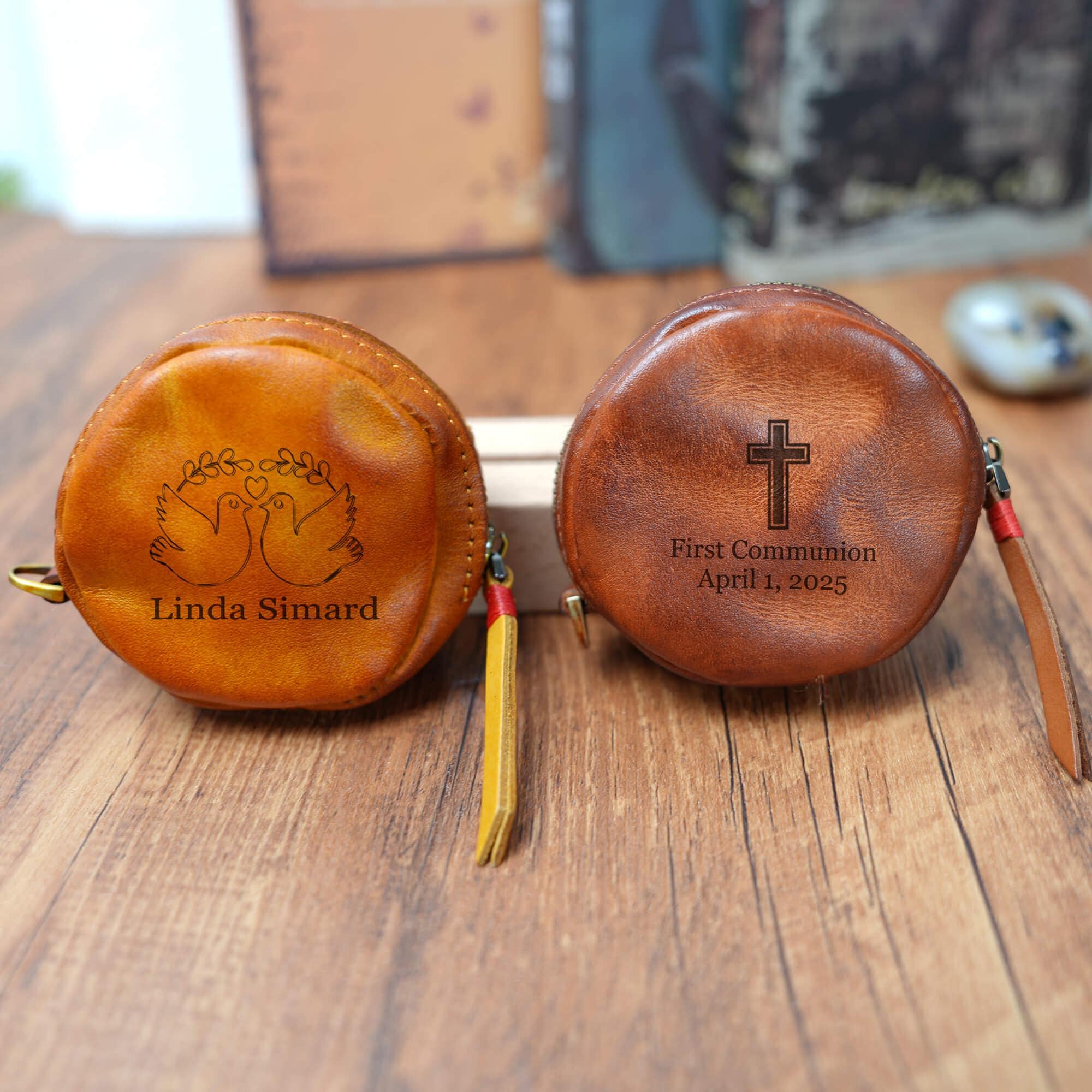 Personalized Leather Rosary Pouch, Handmade Cowhide Coin Purse with Zipper, 1st Communion, Confirmation Gift, Gift for Her, Headphone Purse