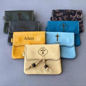 Portarosario personalizzato in pelle di mucca, portarosario in pelle fatto a mano / regalo cattolico, cresima, prima comunione / portamonete in pelle