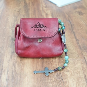 Personalisierte Leder Rosenkranz Beutel, Natur Leder Geldbörse, 1.Kommunion, Konfirmation Geschenk, Geschenk für Katholiken, Geschenk für Mama