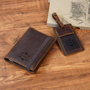 Personalized AirTag Passport Holder &Luggage Tag, Leather Passport Wallet, Wedding Gift, Travel Gift set for Groom/Groomsmen, Honeymoon gift