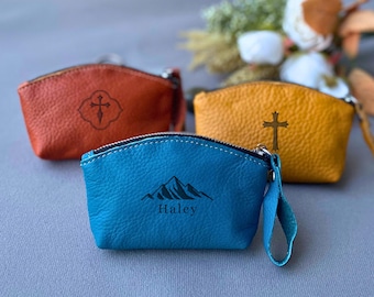 Personalized Leather Rosary Pouch with Zipper, Genuine Leather Rosary Beads Bag, Rosary Holder, Catholic, Confirmation, First Communion Gift