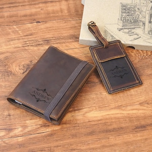 Personalized AirTag Passport Holder &Luggage Tag, Leather Passport Wallet, Wedding Gift, Travel Gift set for Groom/Groomsmen, Honeymoon gift