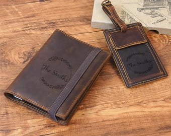Personalized Leather Passport Holder Set with AirTag, Custom Travel Wallet & Luggage Tag, Couple Travel Gift, Summer Vacation Essentials