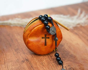Pochette pour chapelet en cuir personnalisée, Porte-monnaie en cuir de vachette fait main avec fermeture à glissière, 1ère communion, Cadeau de confirmation, Cadeau pour elle, Porte-monnaie pour casque