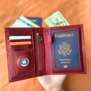 Leather AirTag Passport Holder, Personalized Leather Passport Cover, Custom Passport Case, Travel Documents Organizer Protector, Travel Gift