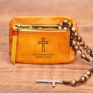 Personalisierter Leder Rosenkranz Beutel, Leder Geldbörse mit Reißverschluss, Kreditkartenhalter, 1.Kommunion, Konfirmationsgeschenk, Geschenk für Mama