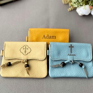 Portarosario in pelle personalizzato, portarosario in pelle fatto a mano, portamonete in pelle di mucca, regalo cattolico, regalo per la cresima, regalo per la prima comunione.