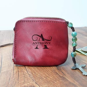 Personalized Leather Rosary Pouch, Cowhide Coin Purse, Gift for Catholics, 1st Communion, Confirmation Gift, Mother's Day Gift