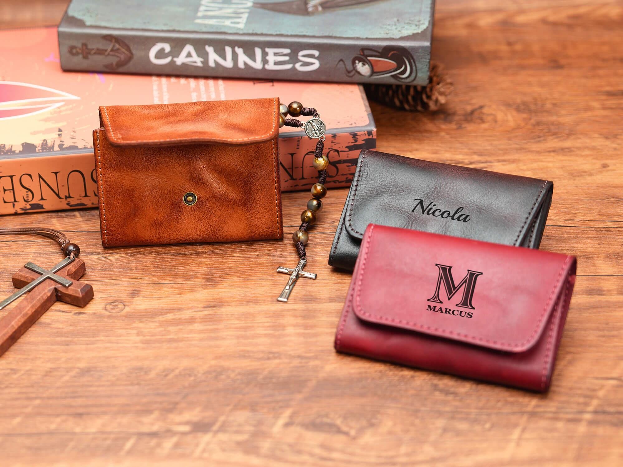 Personalized Leather Rosary Pouch & Coin Purse, Credit Card Holder, Cowhide Coin Purse, 1st Communion, Confirmation Gift, Gift for Catholics