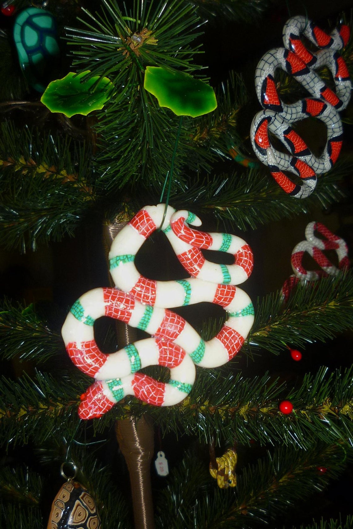 Snakes Christmas Tree Ornament Green Red and white striped Etsy