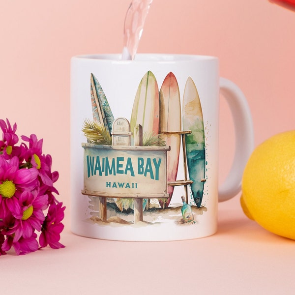 Waimea Bay Hawaii Surfboard Design Mug, Colorful Tropical Beach Art, Surfer Coffee Cup Gift