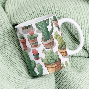 Cactus Mug, Cactus Pattern Coffee Mug, Watercolor Desert Plants Design, Trendy Succulent Garden Kitchen Decor