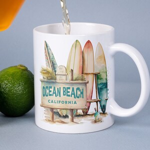 Ocean Beach California Surfboard Watercolor Design Mug, Vintage Surf Decor Coffee Cup, Beach Lover Gift