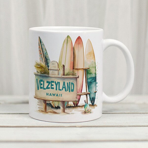 Colorful Surfboard Watercolor Design Mug - Tropical Velzyland Hawaii Beach Surfer Gift