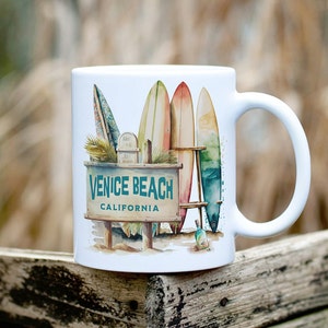 Venice Beach California Mug, Surfboard Watercolor Print, Coastal Decor, Beach Lover Gift, Travel Keepsake, Surf Art Coffee Cup
