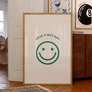 Have a Nice Day Print, Smiley Face Wall Art, Whimsical Modern Poster, Minimalist Positive Quote Print, Cute Green Art for Home