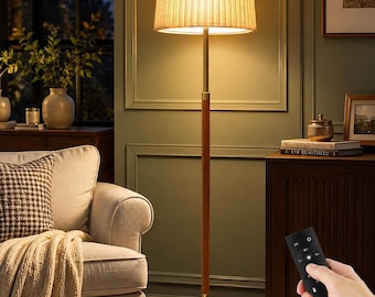 Lampa podłogowa z drewna orzechowego w stylu mid-century modern, ściemniany pilot, lampa stojąca do salonu