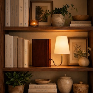 Puede incluir: Una estantería de madera exhibe objetos decorativos. Una pequeña lámpara con pantalla blanca se encuentra en un estante, junto a un cuadro enmarcado y un jarrón con flores. Libros, una vela y plantas completan la estética.
