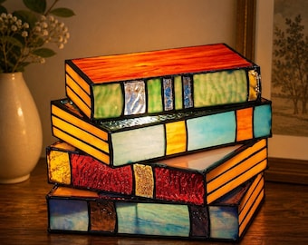 Stained Glass Stacked Books Lamp | Vintage Book Night Light | Handmade Reading Nook Decor | Tiffany Style Desk Lamp | Cozy Book Lover Gift
