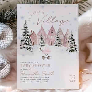 Mall för babyshowerinbjudan för jul, könsinbjudan för babyshower, redigerbar inbjudan för vinterbabyshower, en by