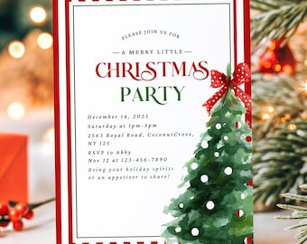 Puede incluir: Una invitación a una fiesta de Navidad con un borde a rayas rojas y blancas. La invitación presenta el texto "Christmas Party" en rojo y verde, detalles del evento y una ilustración de árbol de Navidad en acuarela.