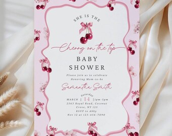 She Is the Cherry on Top Baby Shower Invitation Template Cherry Girl Baby Shower Invitation Editable Pink Bow Cherry Baby Shower Invitation