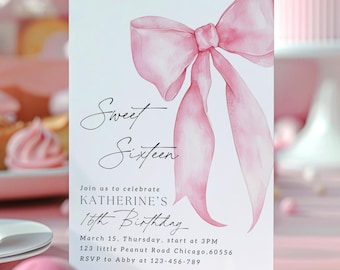 Pink Bow 16th Birthday Invitation Editable Pink Bow Coquette Sixteen Birthday Invite Pink Bow Sweet Sixteen Invitation Elegant 16th Birthday