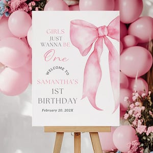 Pink Bow Welcome Sign Editable Pink Bow 1st Birthday Welcome Sign Canva Pink Bow Girls Birthday Sign Template 1st Birthday Girl Welcome Sign