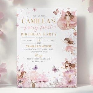 Fairy First Birthday Invitation Girl Boho Fairy 1st Birthday Invite, Garden, Enchanted Garden Fairy Invitation, Fairy Invite Canva Editable