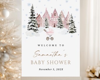 Mall för välkomstskylt till babyshower i byn. Julvinteraffisch för babyshower. Utskrivbar välkomstskylt till babyshower i vinterbyn.