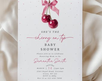 She Is The Cherry On Top Baby Shower invitation Template Cherry on Top Baby Shower Invitation Coquette Pink Bow Cherry Baby Shower Invite