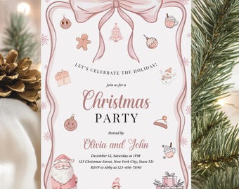 Whimsical Christmas Party Invitation Template Editable Pink Bow Christmas Theme Party Invitation Christmas Holiday Celebration Invitation
