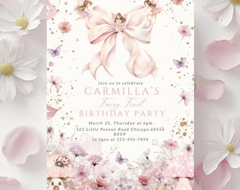 Fairy First Birthday Invitation Girl Pink Bow 1st Birthday Boho Fairy Enchanted Garden Fairy Invitation Pink Coquette Fairy Invite Editable