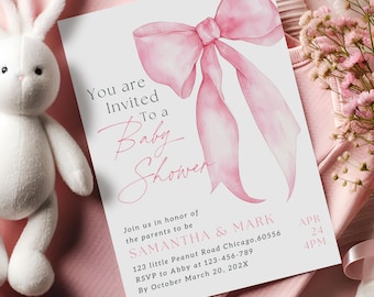 Pink Bow Baby Shower Invitation Editable Pink Bow Girl Baby Shower Invitation Template Sweet Little Girl Floral Ribbon Baby Shower Invite