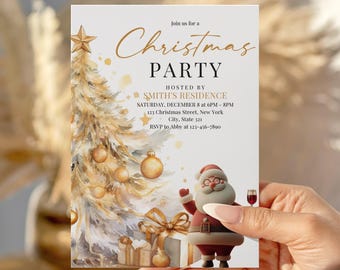 Gold Christmas Party Invitation Template Editable Minimalist Christmas Tree Holiday Party Invitation Winter Christmas Santa Party Invitation