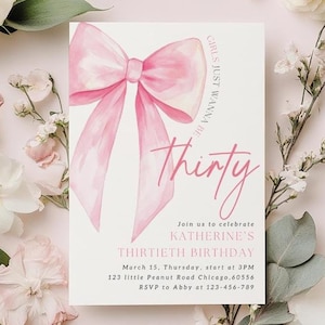 Pink Bow 30th Birthday Invitation Editable Template Pink Coquette 30th Birthday Party Minimalist Invite Pink Bow Thirty Birthday Invitation