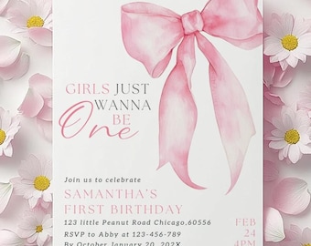 Pink Bow First Birthday Invitation Editable Girls Just Wanna Be One 1st Birthday Invite Printable Coquette Pink Bow 1st Birthday Girl Invite