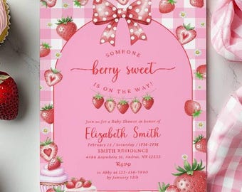 Berry Sweet Is On The Way Baby Shower Invitation Template Editable Strawberry Baby Shower Invitation Pink Girl Baby Shower Invitation