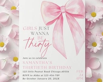 Pink Bow 30th Birthday Invitation, Coquette Printable (Editable Template)