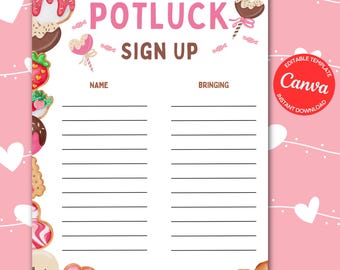 Valentine’s Day Potluck Sign-Up Sheet Editable Template Valentine Food Potluck Sign Up Sheet Printable for Office School PTO PTA Class Party
