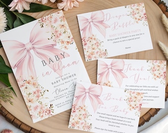 Baby in Bloom Baby Shower-kort, redigerbart rosa vildblommigt babyshowerset, rosa rosettset, vårblommiga böcker och blöjlotteri