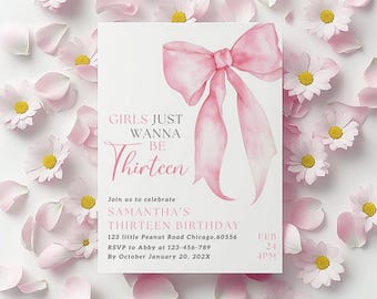 Pink Bow 13th Birthday Invitation Template (Editable Digital File)