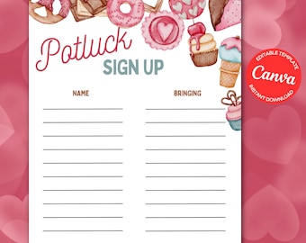Valentines Day Potluck Sign Up Sheet Printable Template Valentines Party Potluck Sign Up Form Editable Class Party Food Sign Up Sheet PTAPTO